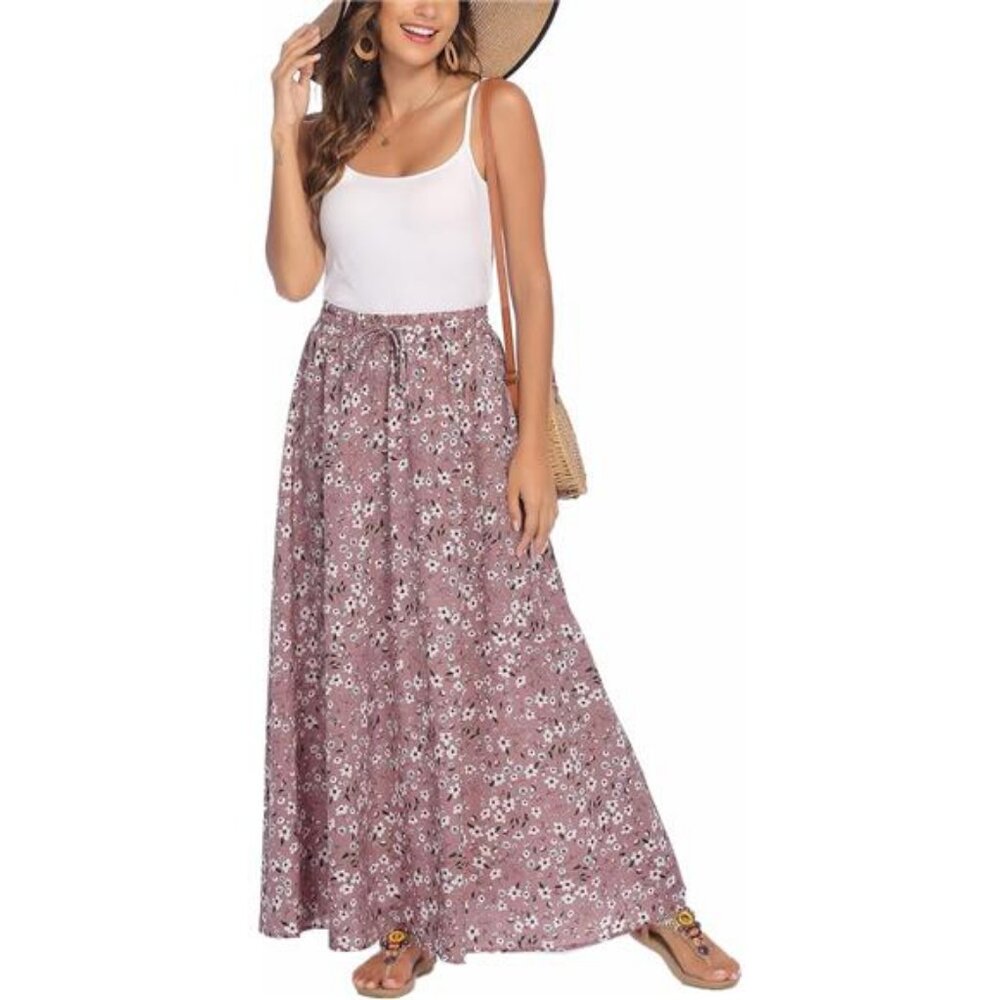 Women Flowy Long Skirts Summer Beach Pleated Elastic High Waisted - Picture 7 of 7